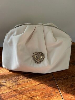 White Women's Cosmetic Pouch with Decorative Heart Emblem